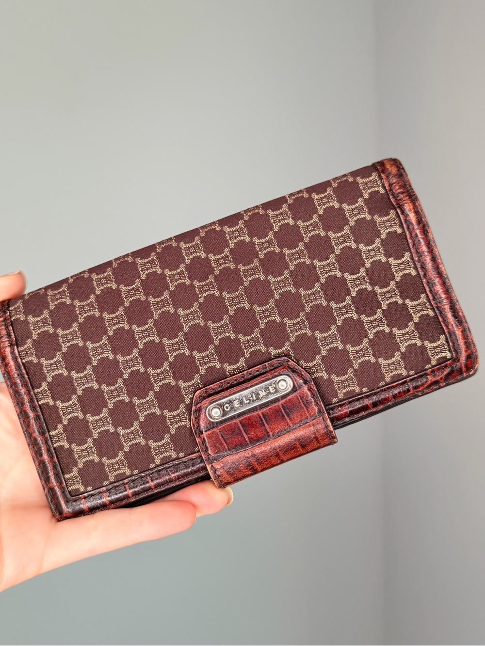 Vintage Celine Macadam Monogram Long Wallet – Croc-Embossed Leather